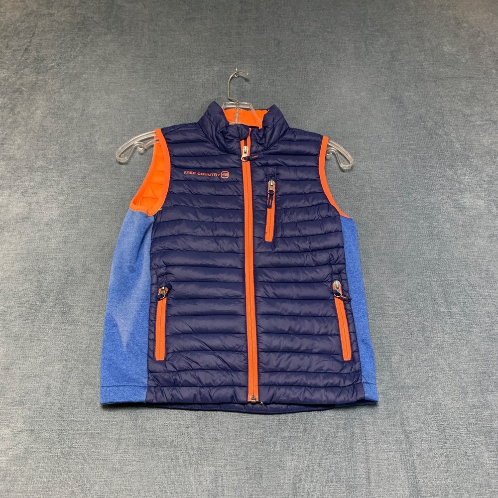 Free Country Down Tech Puffer Vest Boys S 7/8 Blue Orange Pockets Full Zip